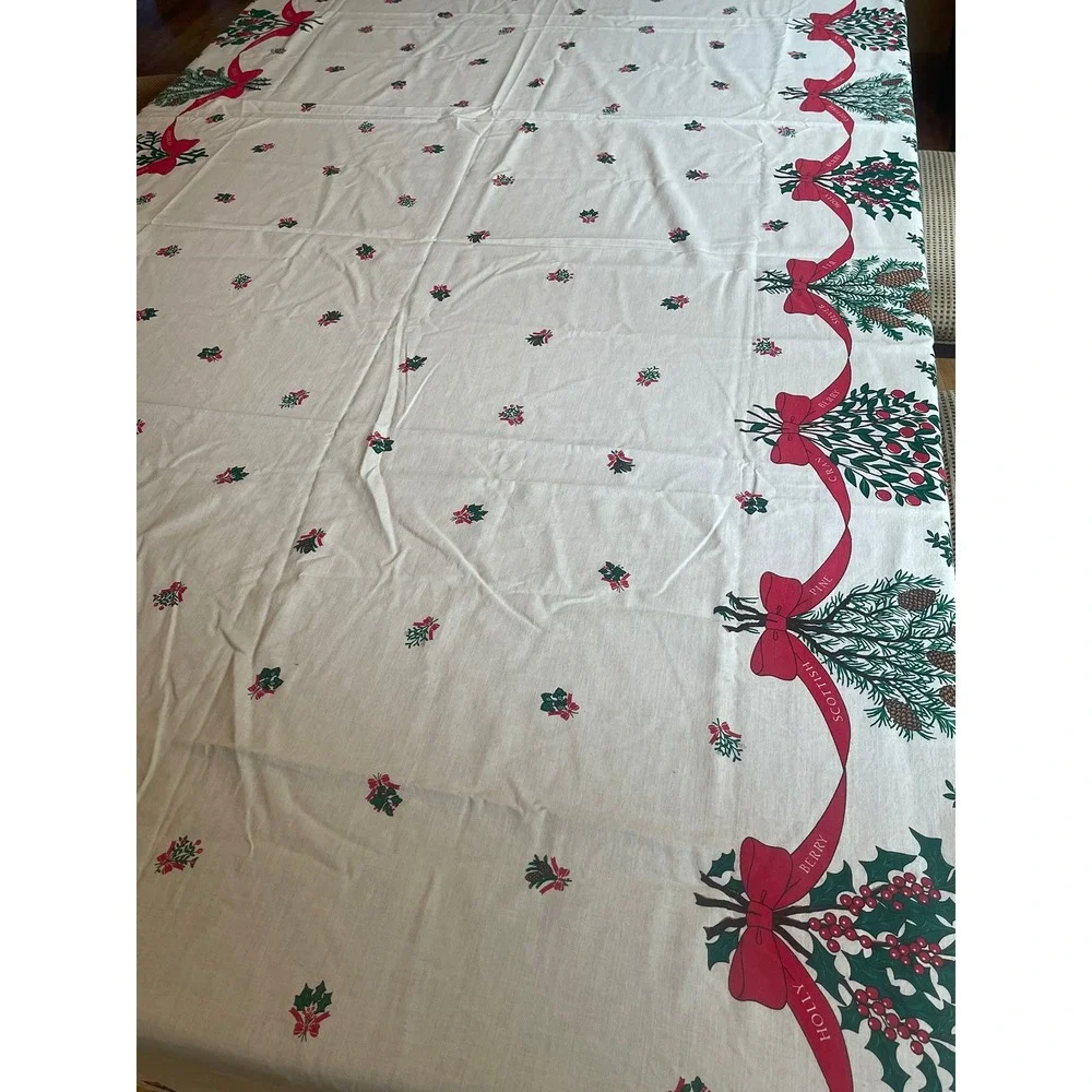 Vintage Christmas Botanical Cotton Tablecloth 101x56 Red Ribbon Greenery Print